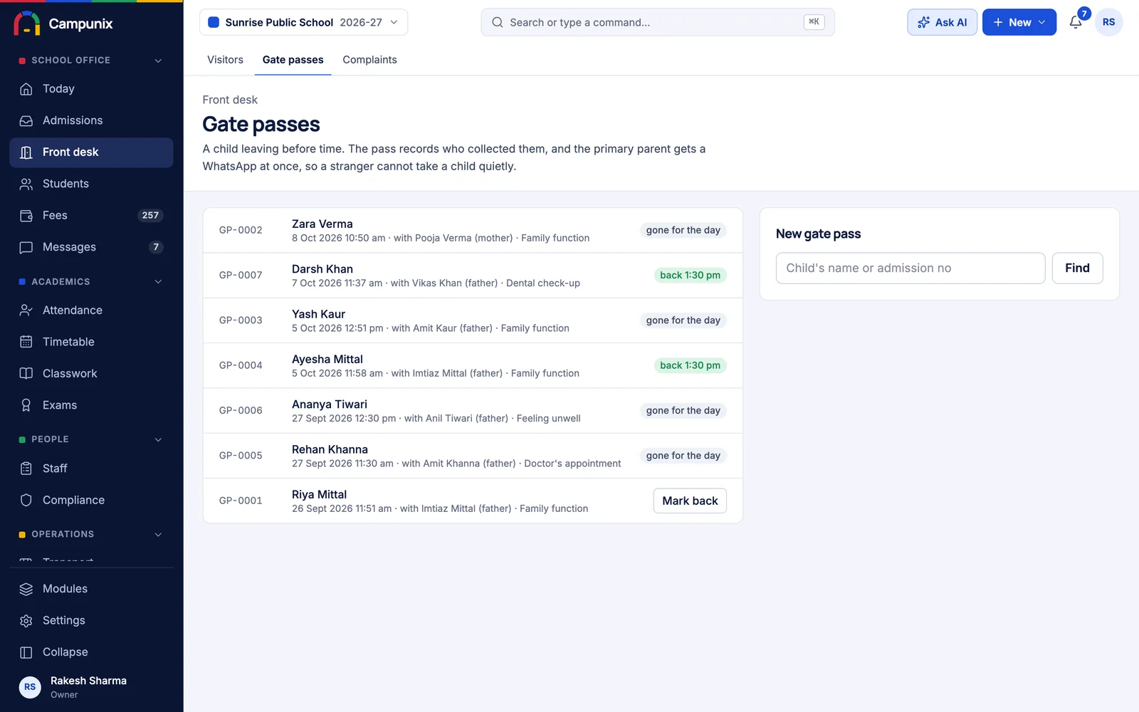 Front desk: Visitors, gate passes, complaints