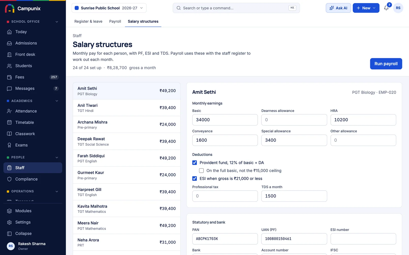 Salary structures, with PF, ESI and TDS