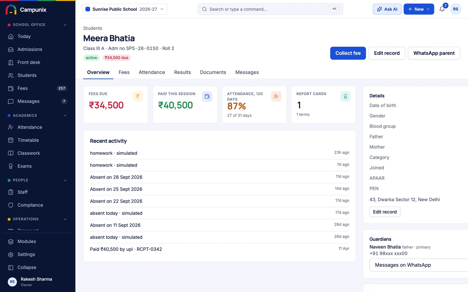 Campunix student record with fees, attendance and documents