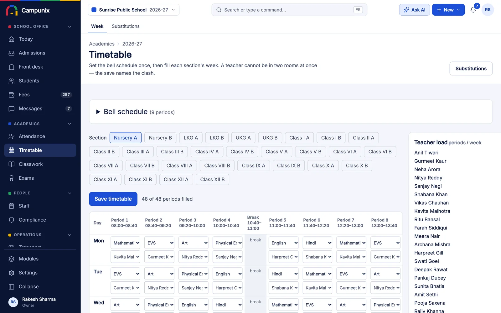Timetable: Periods, clashes, substitutions